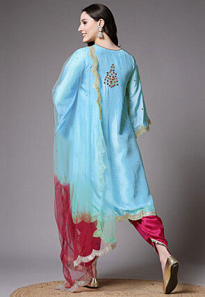 Embroidered Shantoon Scalloped Punjabi Suit in Sky Blue