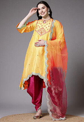 Embroidered Shantoon Scalloped Punjabi Suit in Yellow