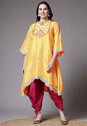 Embroidered Shantoon Scalloped Punjabi Suit in Yellow