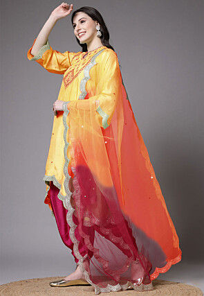 Embroidered Shantoon Scalloped Punjabi Suit in Yellow