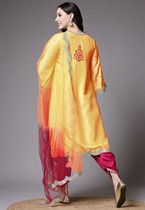Embroidered Shantoon Scalloped Punjabi Suit in Yellow