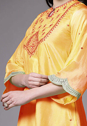 Embroidered Shantoon Scalloped Punjabi Suit in Yellow