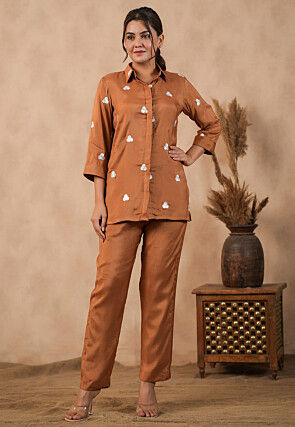 Embroidered Shantoon Shirt Set in Brown