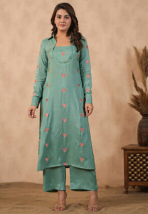 Embroidered Shantoon Straight Kurta Set in Dusty Green