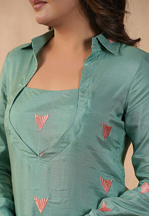 Embroidered Shantoon Straight Kurta Set in Dusty Green