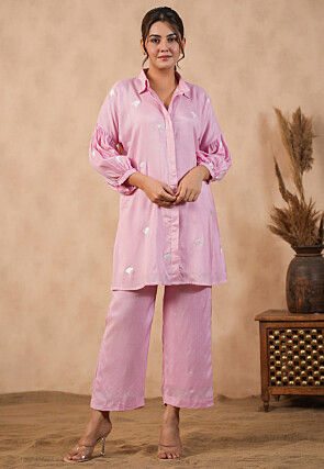 Embroidered Shantoon Straight Kurti Set in Pink
