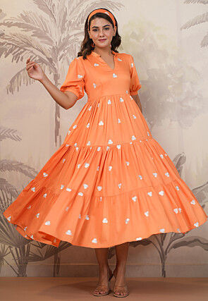 Embroidered Shantoon Tiered Dress in Orange