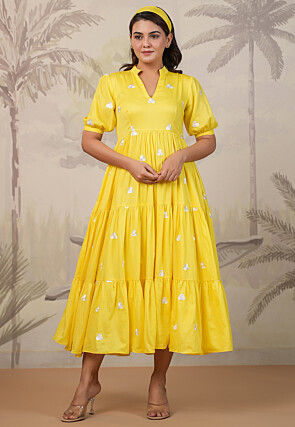 Embroidered Shantoon Tiered Dress in Yellow