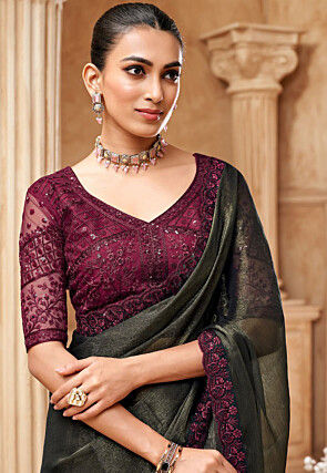 Embroidered Shimmer Chiffon Saree in Black