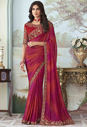 Embroidered Shimmer Georgette Saree in Red and Megenta