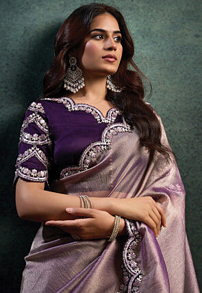 Embroidered Shimmer Organza Silk Scalloped Saree in Light Purple
