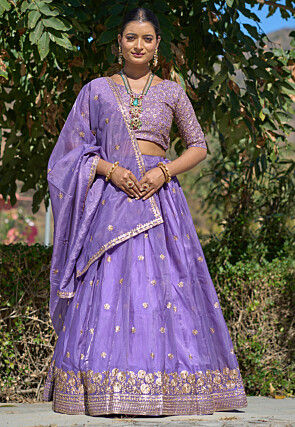 Embroidered Art Silk Shimmer Lehenga in Light Purple