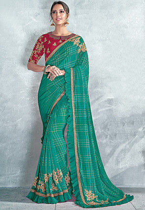 Embroidered Silk Georgette Saree in Green