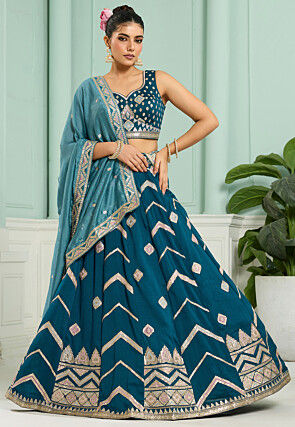 Embroidered Art Silk Lehenga in Teal Blue