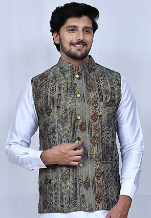 Embroidered Silk Nehru Jacket in Grey