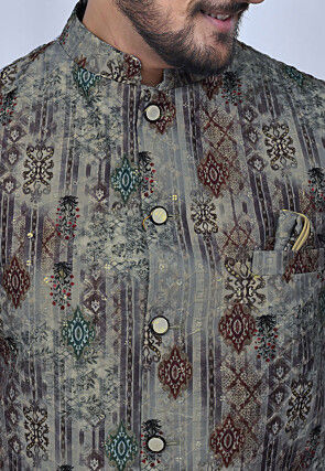 Embroidered Silk Nehru Jacket in Grey