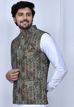 Embroidered Silk Nehru Jacket in Grey