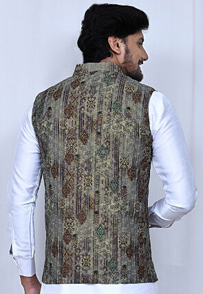 Embroidered Silk Nehru Jacket in Grey