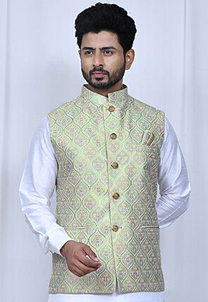 Embroidered Silk Nehru Jacket in Light Green