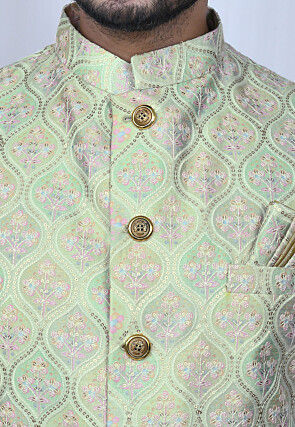 Embroidered Silk Nehru Jacket in Light Green