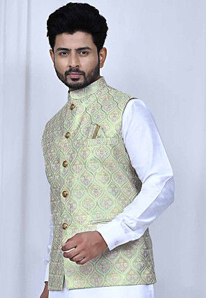 Embroidered Silk Nehru Jacket in Light Green