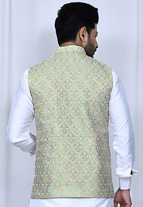 Embroidered Silk Nehru Jacket in Light Green