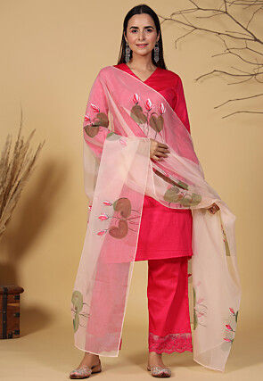 Embroidered Sleeve Cotton Pakistani Suit in Coral Pink