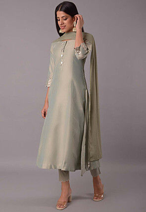 Embroidered Sleeve Cotton Silk Pakistani Suit in Dusty Green