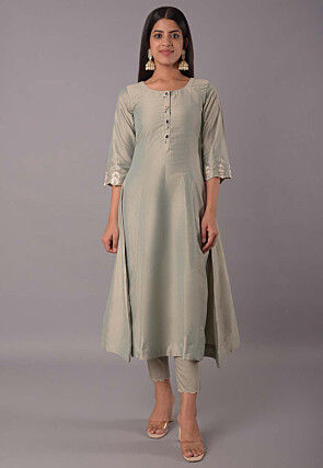 Embroidered Sleeve Cotton Silk Pakistani Suit in Dusty Green