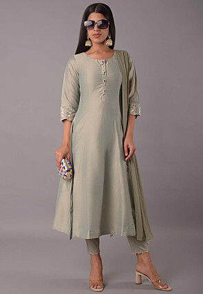 Embroidered Sleeve Cotton Silk Pakistani Suit in Dusty Green