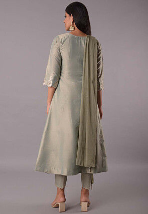 Embroidered Sleeve Cotton Silk Pakistani Suit in Dusty Green