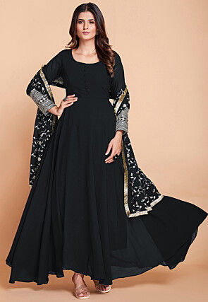 Embroidered Sleeve Georgette Abaya Style Suit in Black