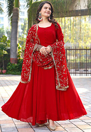 Embroidered Sleeve Georgette Abaya Style Suit in Red
