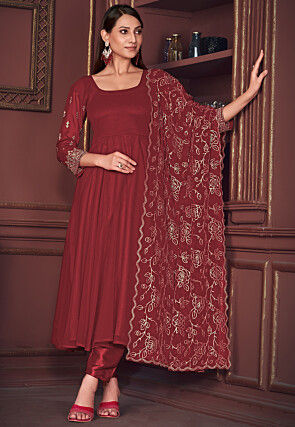 Embroidered Sleeve Georgette Anarkali Suit in Maroon
