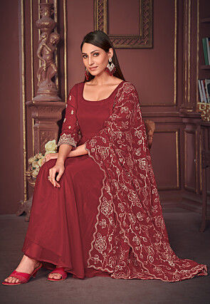 Embroidered Sleeve Georgette Anarkali Suit in Maroon