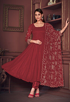 Embroidered Sleeve Georgette Anarkali Suit in Maroon
