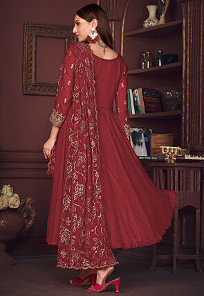 Embroidered Sleeve Georgette Anarkali Suit in Maroon