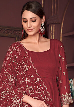 Embroidered Sleeve Georgette Anarkali Suit in Maroon