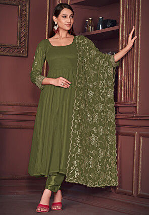 Embroidered Sleeve Georgette Anarkali Suit in Olive Green