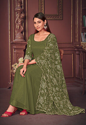 Embroidered Sleeve Georgette Anarkali Suit in Olive Green