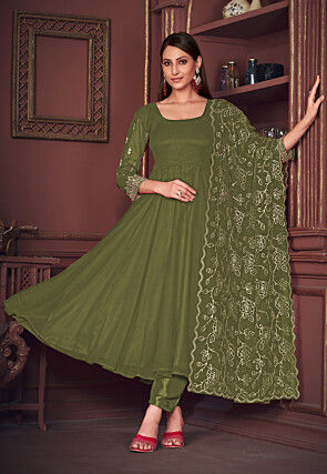 Embroidered Sleeve Georgette Anarkali Suit in Olive Green