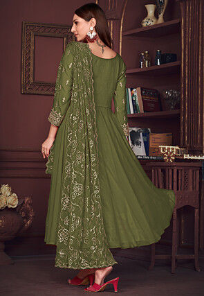 Embroidered Sleeve Georgette Anarkali Suit in Olive Green