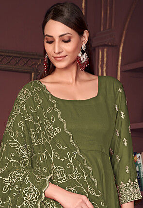Embroidered Sleeve Georgette Anarkali Suit in Olive Green