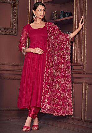 Embroidered Sleeve Georgette Anarkali Suit in Pink