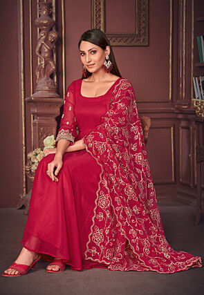 Embroidered Sleeve Georgette Anarkali Suit in Pink