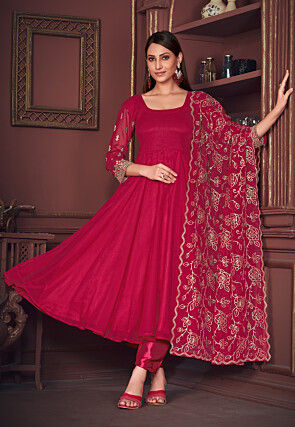 Embroidered Sleeve Georgette Anarkali Suit in Pink