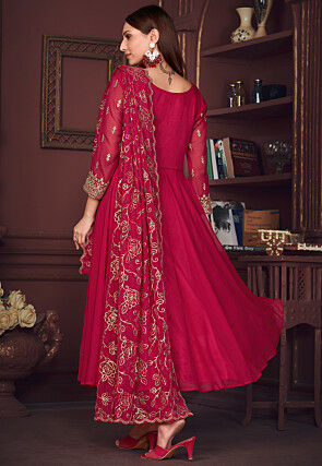 Embroidered Sleeve Georgette Anarkali Suit in Pink
