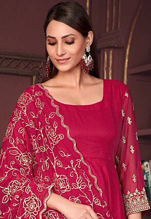Embroidered Sleeve Georgette Anarkali Suit in Pink