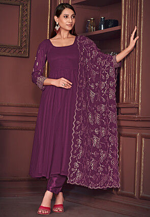Embroidered Sleeve Georgette Anarkali Suit in Purple