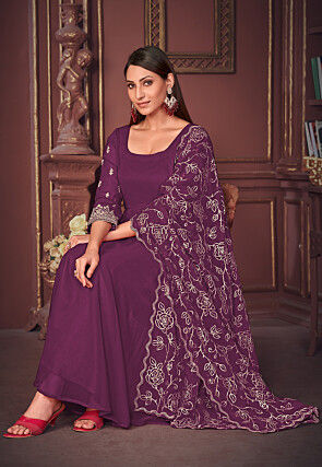 Embroidered Sleeve Georgette Anarkali Suit in Purple
